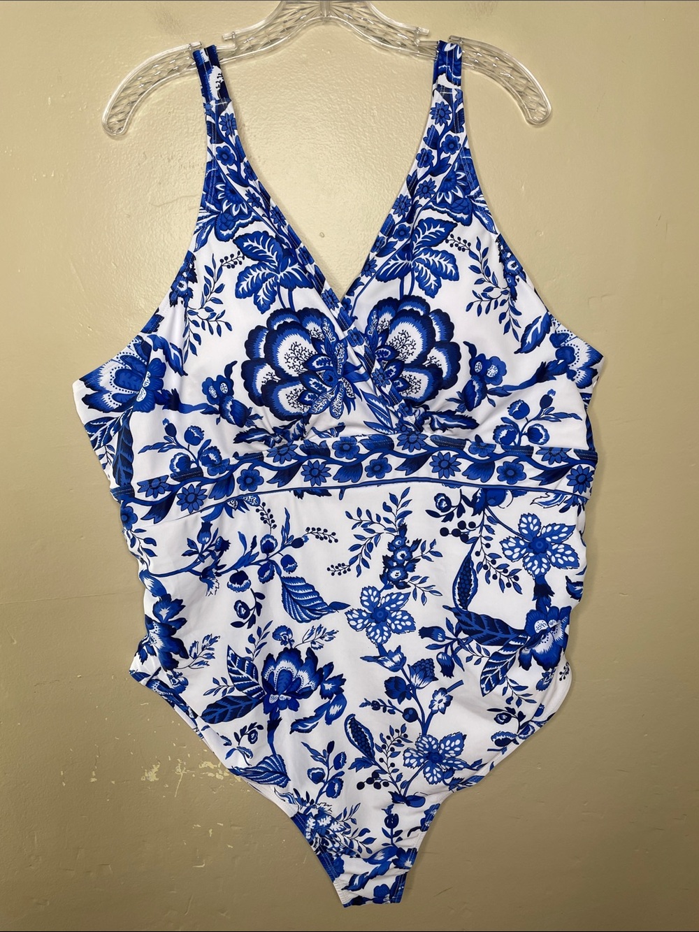 BLOOMCHIC Blue Floral Surplice Neckline Modest One-Piece Swimsuit NWT 28
